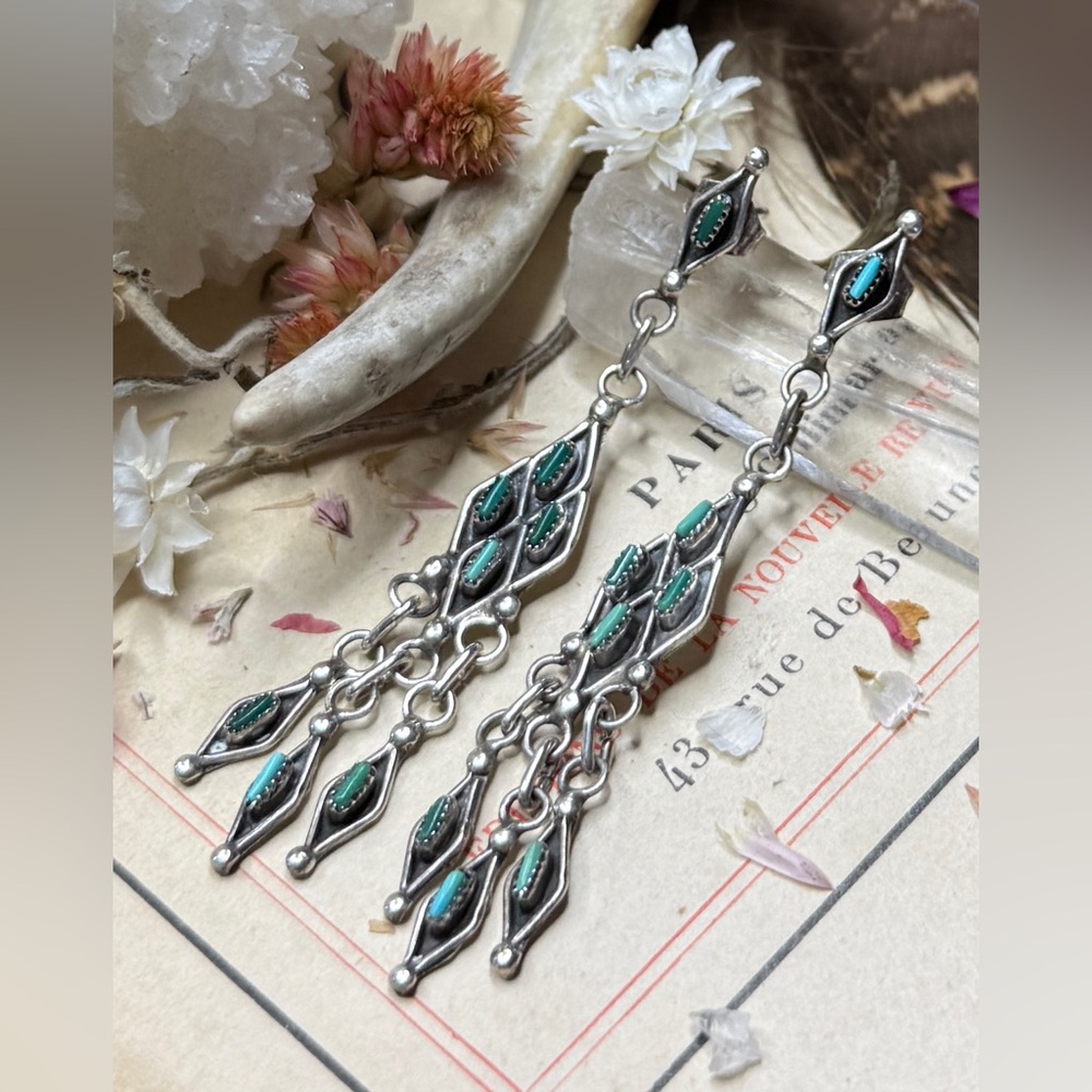 Artisan Native American Sterling Silver Turquoise Chandelier Dangle Earrings - Picture 10 of 10